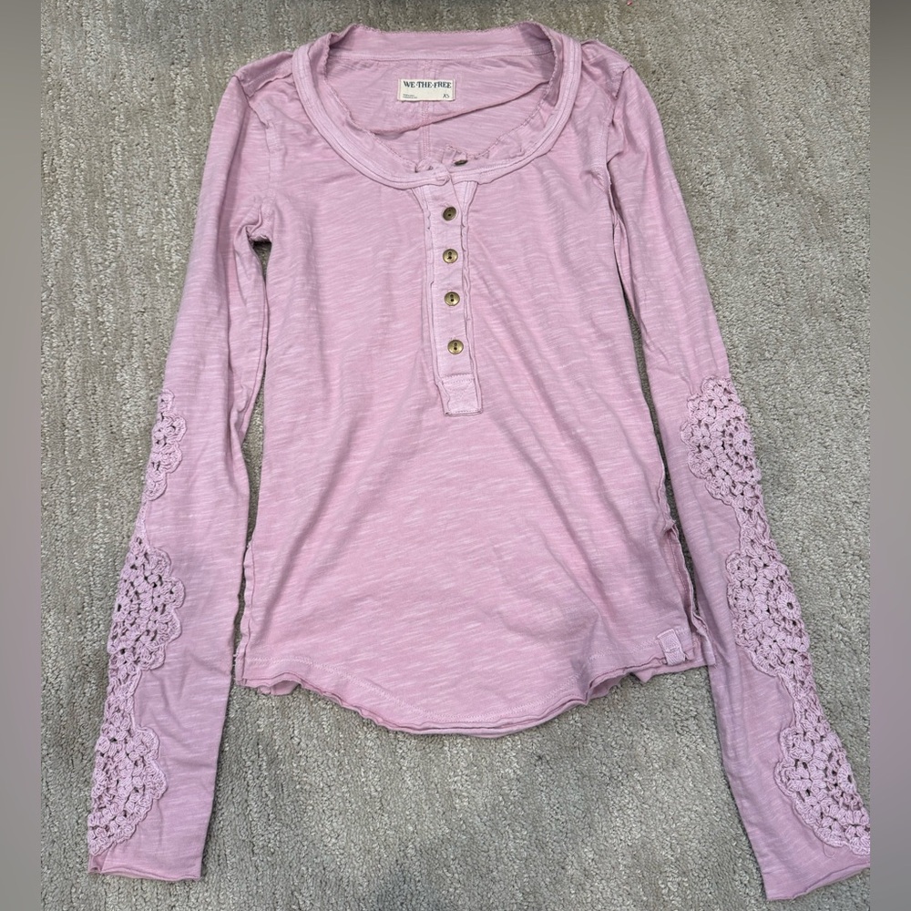 Free People Light Pink Long Sleeve Henley with Crochet Sleeve Detail